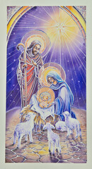 
Christmas nativity scene with the Holy Family watercolor illustration, Madonna, child Jesus, Saint Joseph. - 671816979