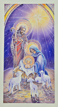 
Christmas nativity scene with the Holy Family watercolor illustration, Madonna, child Jesus, Saint Joseph.