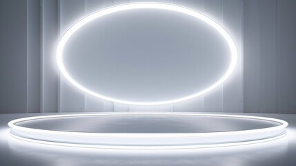 White minimalistic abstract background. Neon light from lamps walls circular stage. generative ai