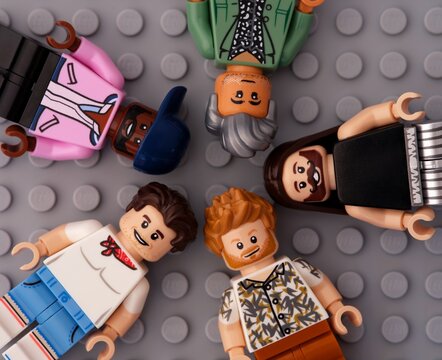 Tambov, Russian Federation - October 01, 2023 Lego Queer Eye character minifigures - Antoni, Bobby, Jonathan, Karamo, Tan, Antoni Porowski, Bobby Berk, Jonathan Van Ness, Karamo Brown, Tan France 