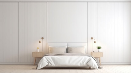 White wooden wardrobe in scandinavian style interior design background modern cozy bed room