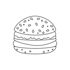 black and white hamburger isolated on white background, outline flat vector illustration of fast food, modern design street food logotype, burger icon for printing
