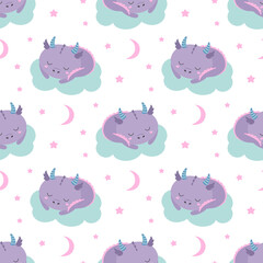 cute little dragon sleeping on cloud, seamless pattern for children on white background