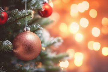 Obraz na płótnie Canvas Christmas decoration. Gold balls hanging on pine branches Christmas tree garland and ornaments over abstract bokeh background with copy space