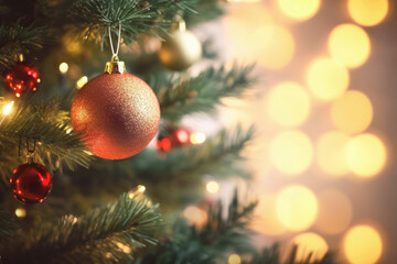 Fototapeta na wymiar Christmas decoration. Gold balls hanging on pine branches Christmas tree garland and ornaments over abstract bokeh background with copy space