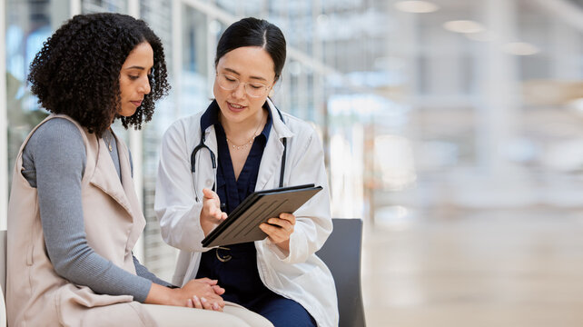 Doctor, woman patient and tablet for consulting with results, medical info and talk for healthcare with mockup space. Japanese medic, digital touchscreen or show video for surgery, wellness or advice