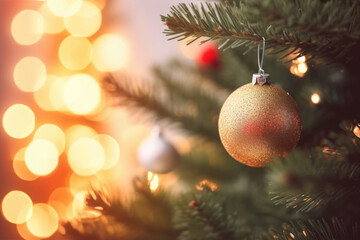 Obraz premium Christmas decoration. Gold balls hanging on pine branches Christmas tree garland and ornaments over abstract bokeh background with copy space