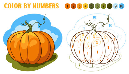 Color by numbers pumpkin. Game for children education. Worksheet for kids. Activity for Thanksgiving day, learning vegetables