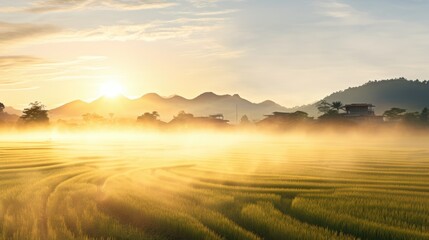  the sun is setting over a large field of crops in the middle of a rural area with mountains in the background.  generative ai - obrazy, fototapety, plakaty