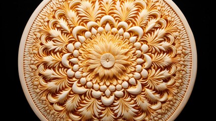  a close up of a plate with a flower design on the center of the plate, on a black background.  generative ai