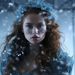 Beautiful young woman with snowflakes in her hair. Winter fairy tale.