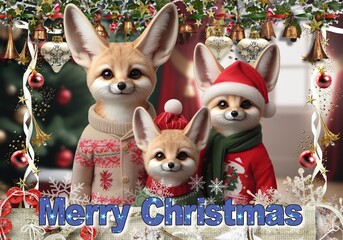Christmas card with a cute Fennec family on a Christmas background
