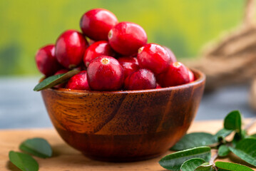 Fresh cranberries in a wooden bowl with spoon on dark wooden table. View from above.