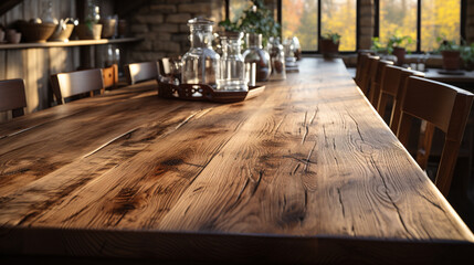 Empty beautiful wood table top counter blur bokeh modern kitchen interior background. generative ai