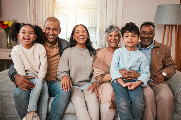 Family, generations and smile in portrait on couch, bonding with love and care at home. Happy...