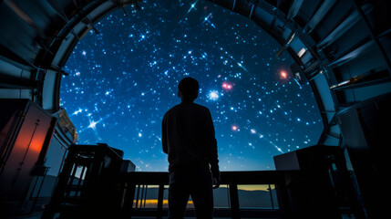 Scientist studying stars through large telescope, cosmology - obrazy, fototapety, plakaty