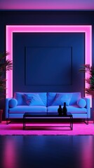 Beautiful Modern living room with sofa, indoor plants and neon lights