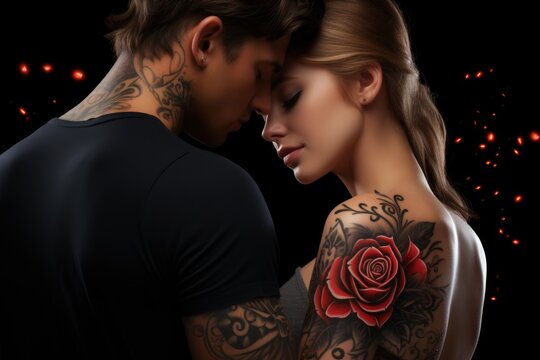 Beautiful young couple,Valentine's Day, romantic design concept, tatoo style ai created