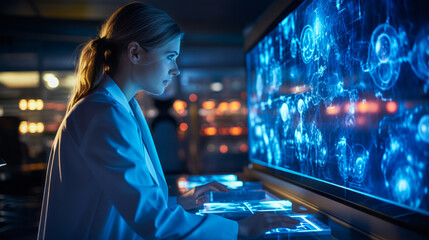 Obraz premium Scientist studying holographic bacteria images via microscope.