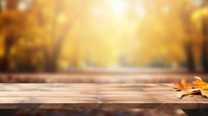 Naklejka na ściany i meble The empty wooden table top with blur background of autumn. generative ai