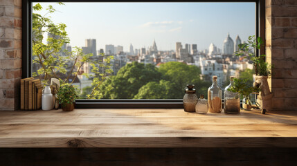 Wooden table on blurred background of kitchen window and shelves. Wooden board table generative ai