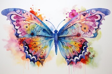 Watercolor beautiful butterfly in bright palette of colors, flowing paints, wings, isolated on white.