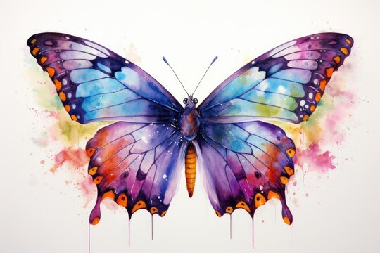 Watercolor beautiful butterfly in bright palette of colors, flowing paints, wings, isolated on white.