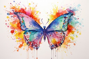 Watercolor beautiful butterfly in bright palette of colors, flowing paints, wings, isolated on white.