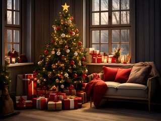 Cozy Christmas scene in a living room with a Christmas tree and presents 