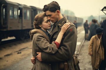 Fototapeta premium black and white, soldier says goodbye to his family before leaving for war at the train station