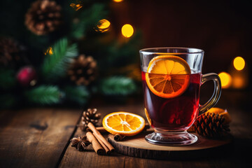 Christmas red wine mulled wine with spices and fruits on a wooden rustic table with fir tree. Traditional hot drink at Christmas
