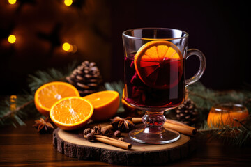 Christmas red wine mulled wine in a glass with spices and fruits on a wooden rustic table with fir tree. Traditional hot drink at Christmas