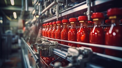 bottle of tomato juices in the industrial plant where they are processed - obrazy, fototapety, plakaty