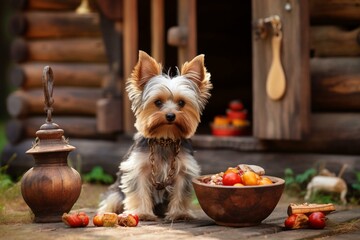 Small dog near wooden house with food bowl. Generative AI