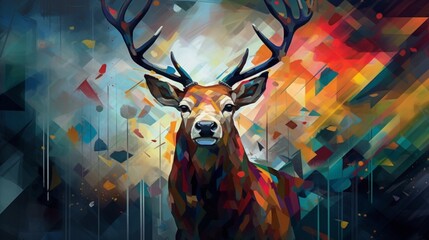 Abstract deer face animal landscape painting wallpaper image AI generated art - obrazy, fototapety, plakaty