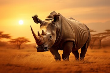 impressive rhinoceros in the African savannah.
