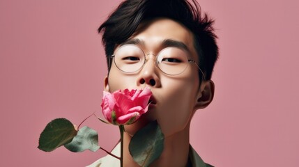 Asian guy with glasses holding a rose in front of his face, quirky Valentine's Day portrait against pink background