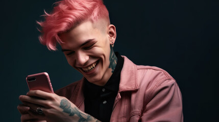 Smiling white man with tattoos and pink hair holding his phone, laughing about a text message, clean dark background, alternative fashion
