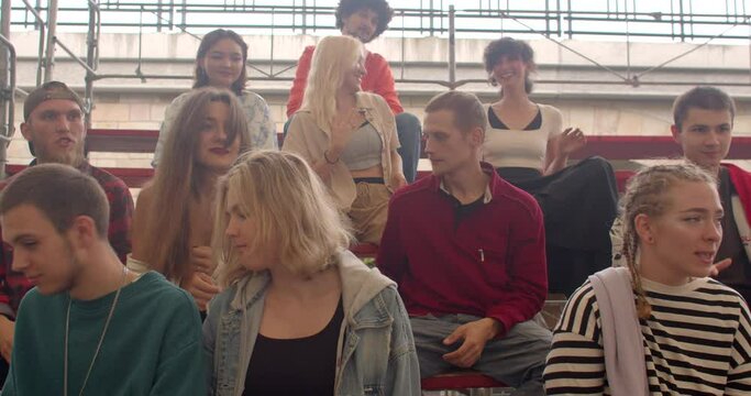 Group lesson for students. Rhythmic body movements. Collaborative learning background. Experiential education. Students during Interactive Lecture on acting at summer camp. 