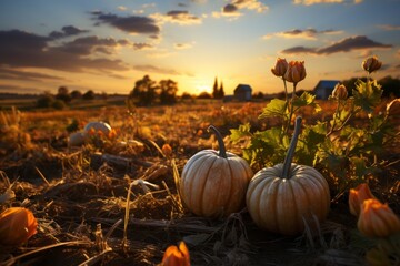 Pumpkin patch on sunny Autumn day. Beautiful fall scene. - obrazy, fototapety, plakaty