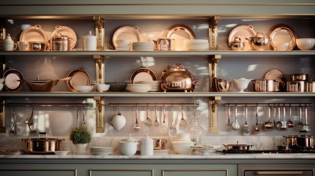 Kitchen with copper pots and pans on shelves, AI - Powered by Adobe