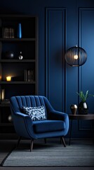 Dark blue modern style living room interior 