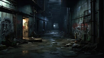 A dark alley with graffiti on the walls, AI
