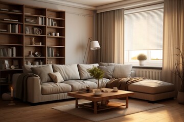 3D-rendered living room with a sofa. Generative AI