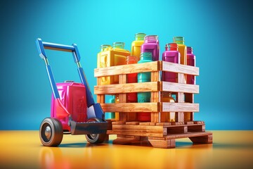 Colorful drink crates and pallet jack on bright background - 3D illustration. Generative AI