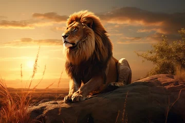 Foto op Plexiglas huge lion sitting on a rock in the African jungle © Jorge Ferreiro