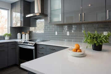 Modern gray kitchen with flat front cabinets, white quartz countertops, glossy gray tile backsplash. Generative AI