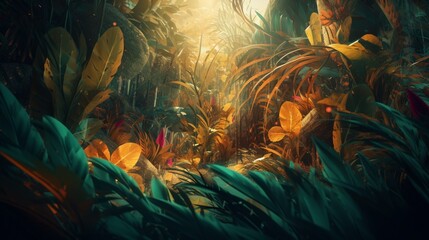 Fototapeta na wymiar Abstract tropical paradise vibrant tapestry green plant photography image AI generated art