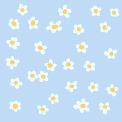 Bright daisy white and yellow psychedelic camouflage floral seamless pattern hand drawn on a blue background 
