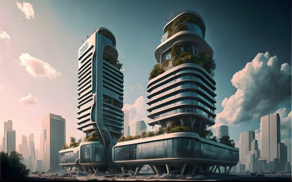 3d render architecture building skyscaper glass sky city futuristic ai generative 
